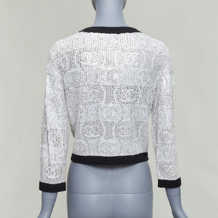 CHANEL 08P white printed sequins beige cashmere black trim cardigan FR34 XS