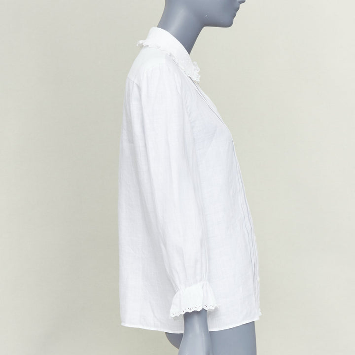 CELINE white linen ramie eyelet ruffled collar embroidered pleated shirt FR36 S