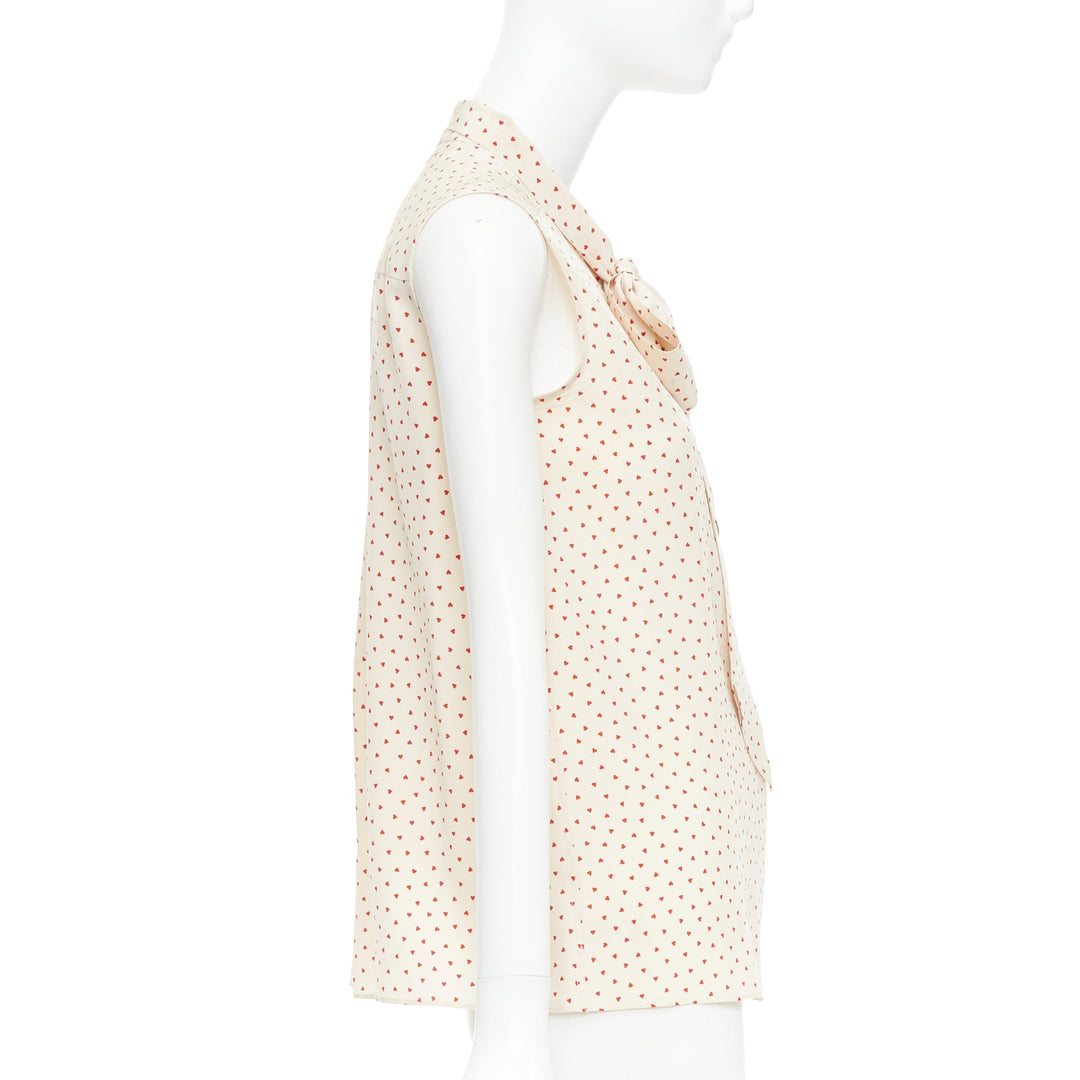 OLD CELINE Phoebe Philo cream red micro heart pussy bow neck tie blouse FR36 S