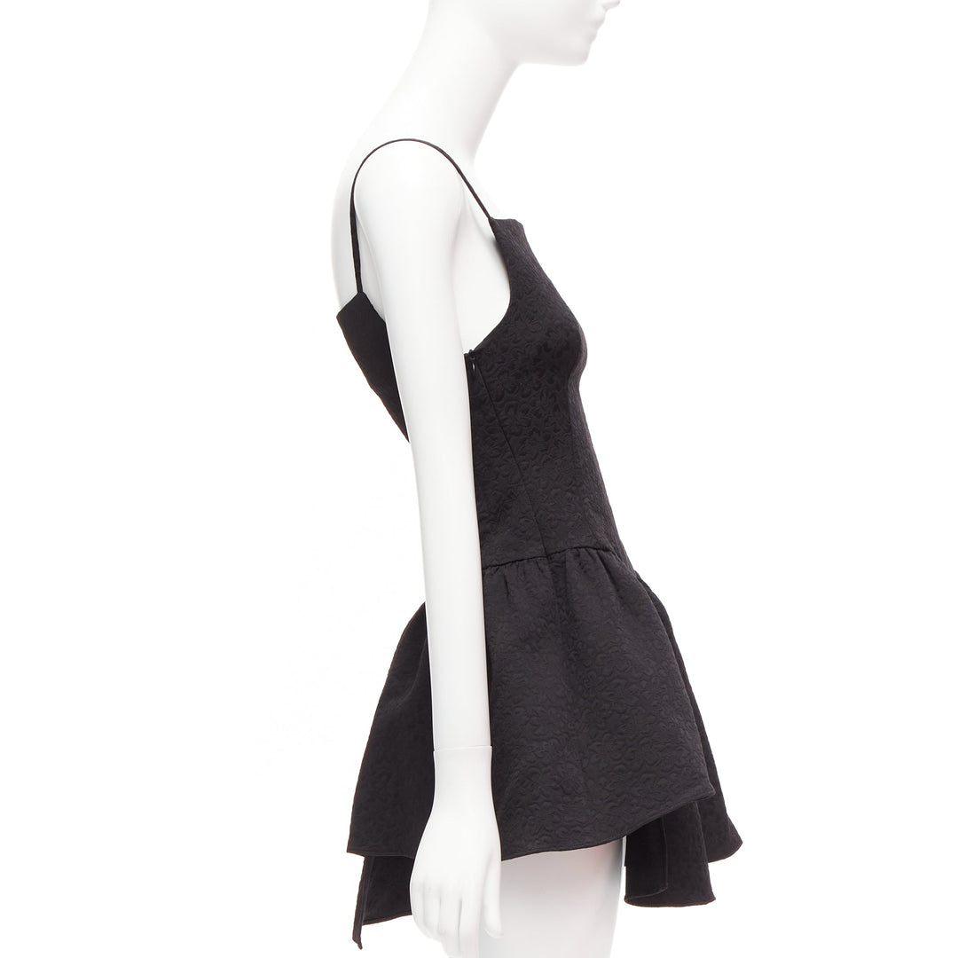 SHUSHU TONG black floral cloque spaghetti strap flounce skirt mini dress UK6 XS