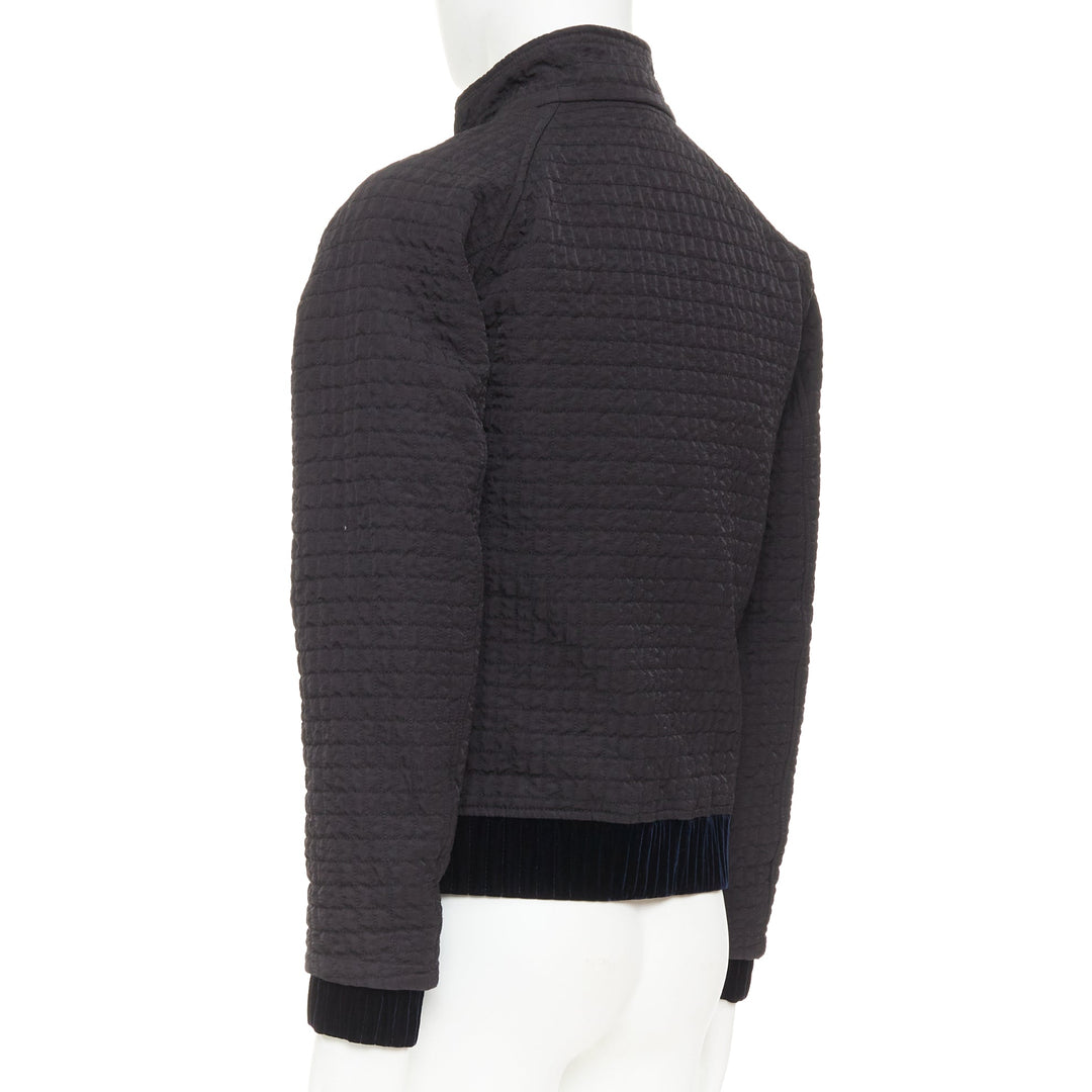 GIORGIO ARMANI black fine grid quilted nylon velvet trim zip up jacket IT46 S