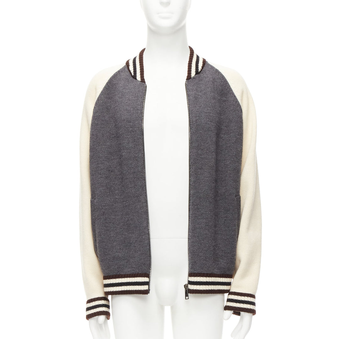 PRADA 2014 100% wool knit cream grey raglan varsity bomber jacket IT50 L