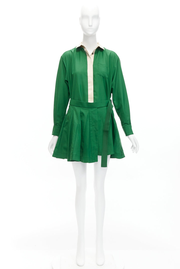 SACAI 2022 cream satin collar placket green belted pleated layered dress JP1 S