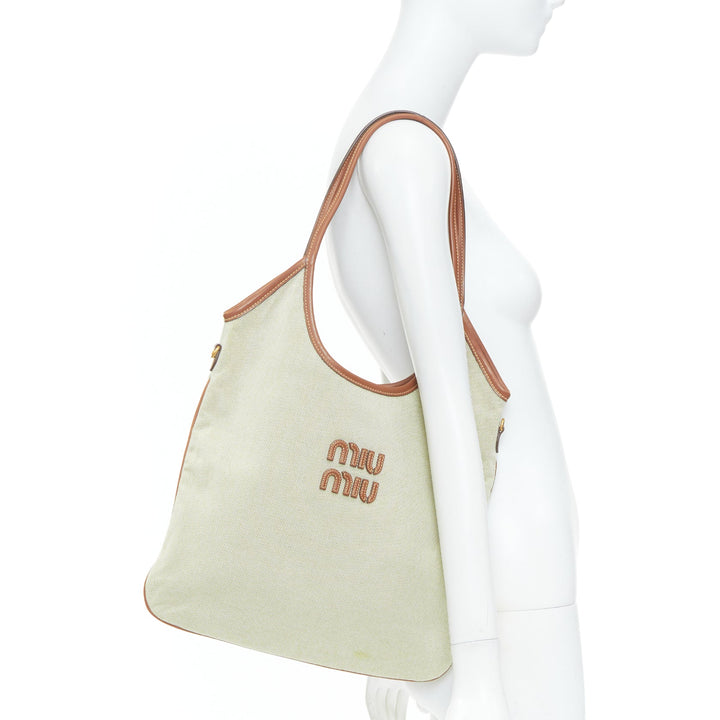 MIU MIU 2023 Ivy beige canvas brandy brown leather trim shoulder tote bag