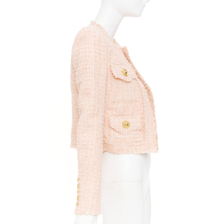 BALMAIN 2023 Pink Collarless Frayed Hem Four Pocket Cropped Tweed jacket FR34 XS