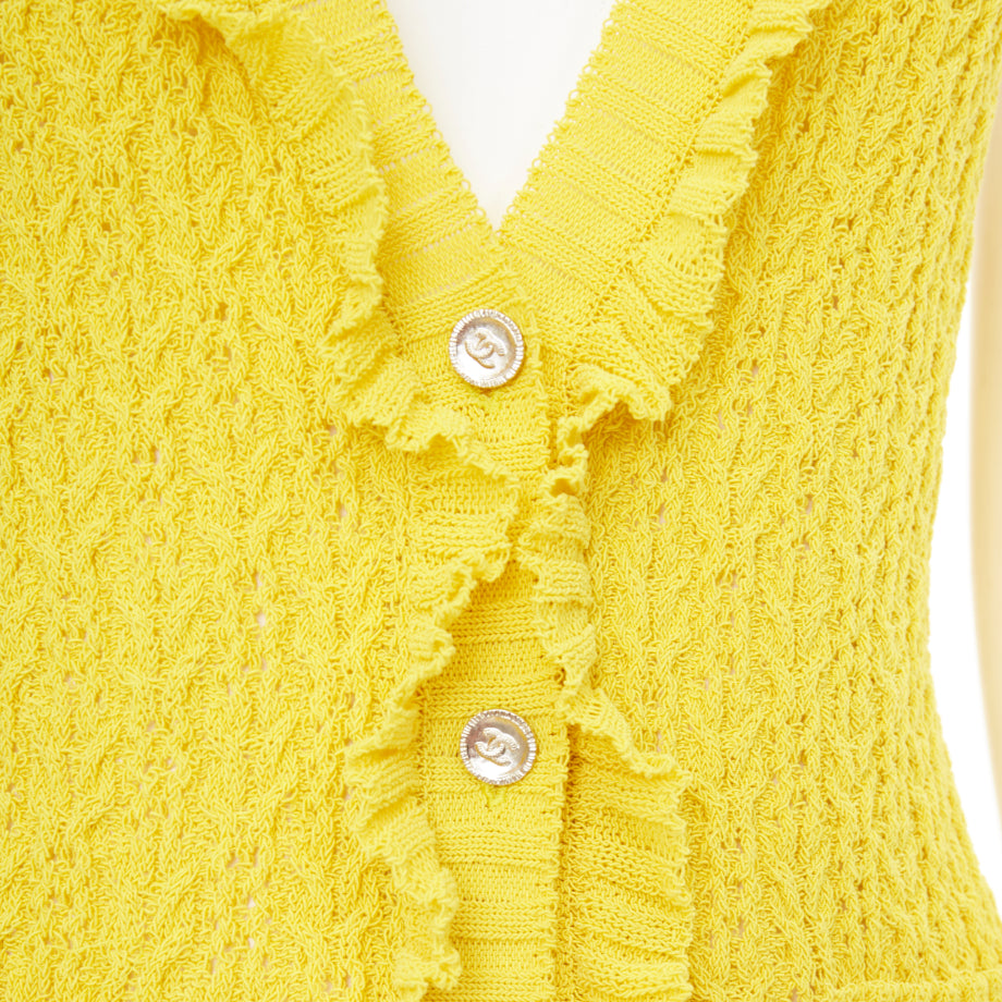CHANEL 2025 marigold yellow openwork ruffle trim cotton vest cardigan FR34 XXS