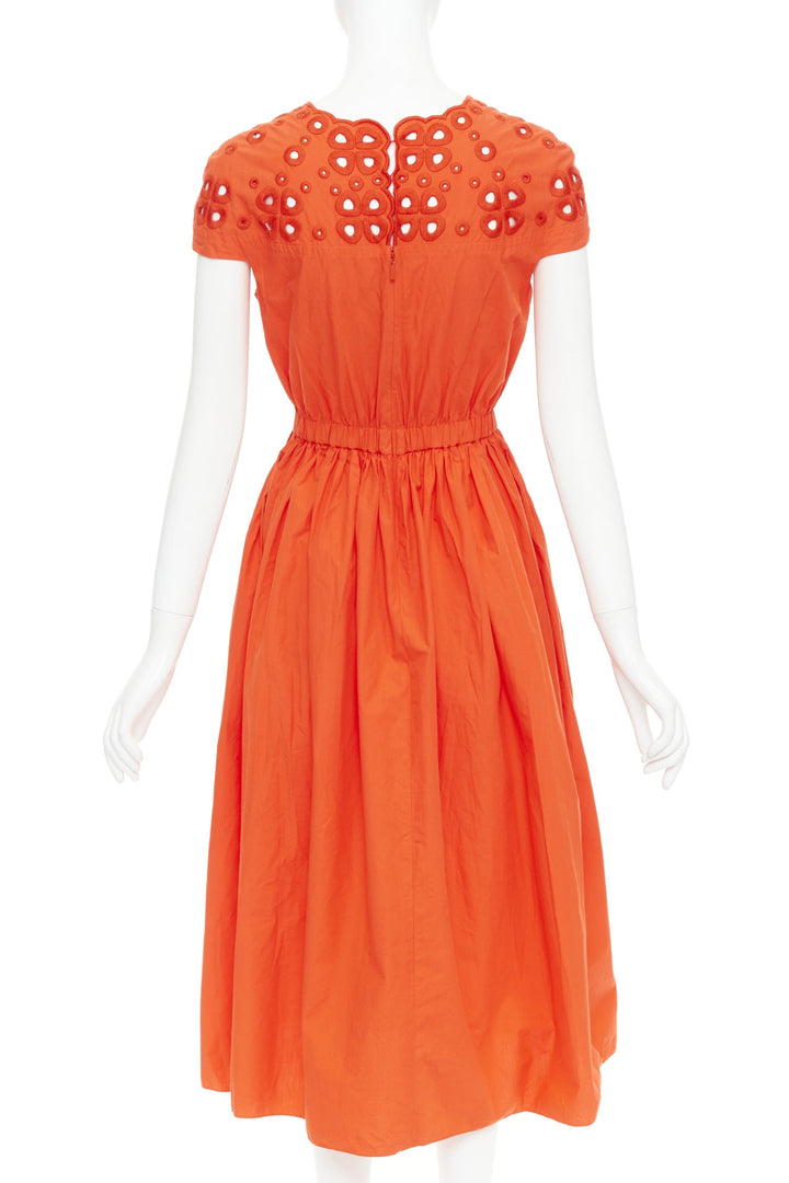 FENDI orange poplin embroidered eyelets ruched cap sleeve sundress