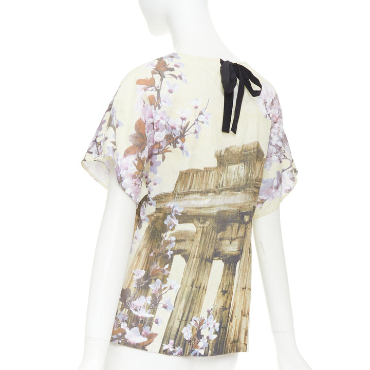 DOLCE GABBANA 100% silk cream purple Rome Ruins floral print boxy top IT38 XS
