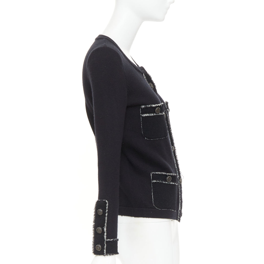 CHANEL 2011 cashmere black cashmere raw edge frayed 4 pocket cardigan FR36 S