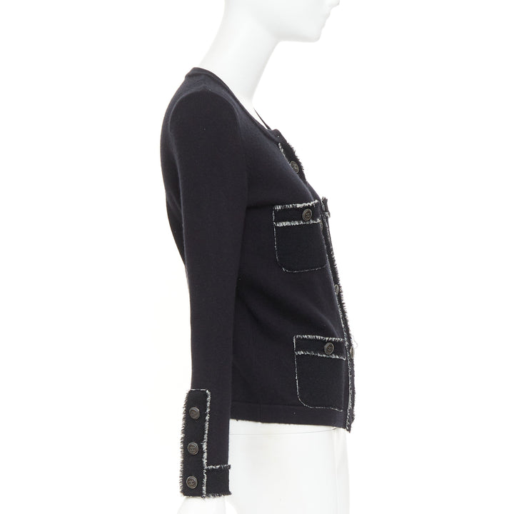 CHANEL 2011 cashmere black cashmere raw edge frayed 4 pocket cardigan FR36 S