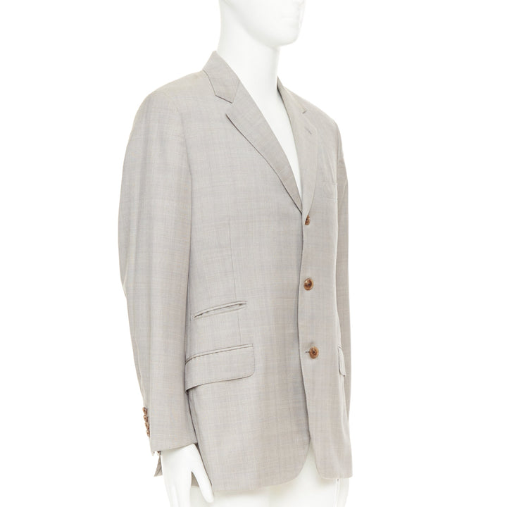 HERMES light grey 100% wool checked full canvas flap pockets blazer EU50 L