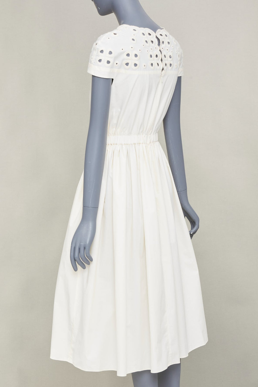 FENDI eyelet cutout scalloped yoke white cotton poplin midi dress IT40 S