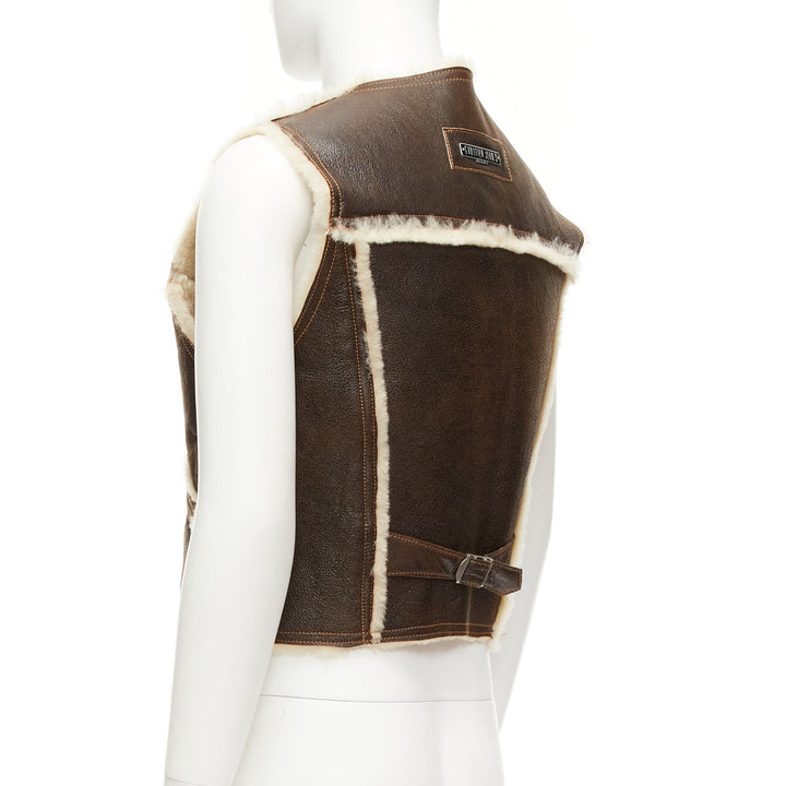 JEAN PAUL GAULTIER JEANS Vintage brown shearling lined logo zip vest FR42 XXS