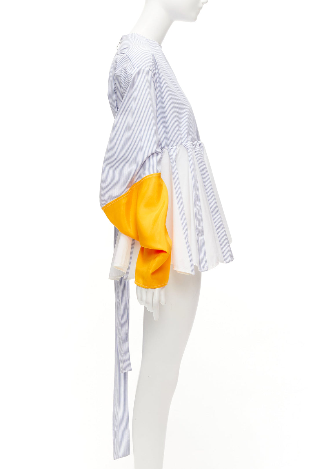 MARINE SERRE yellow blue white pinstriped puff sleeve peplum top M