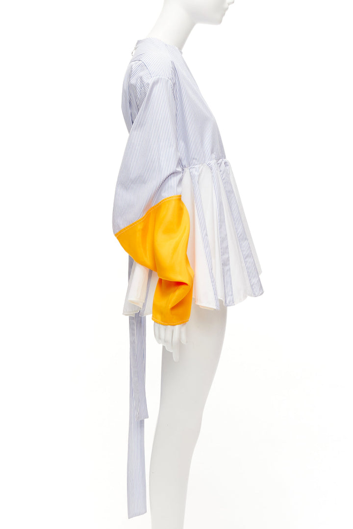 MARINE SERRE yellow blue white pinstriped puff sleeve peplum top M
