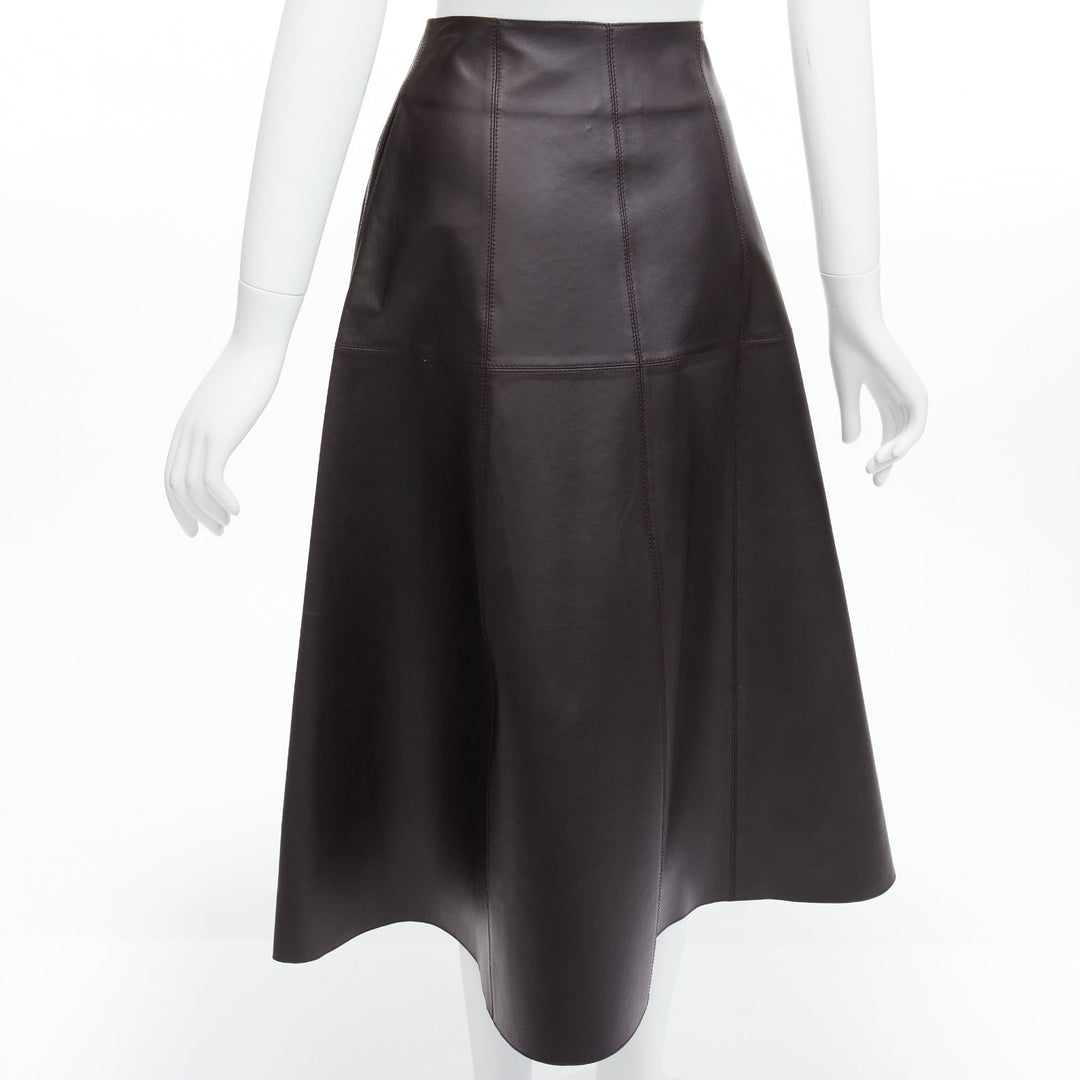 CRYSTAL WANG brown lambskin leather minimal panelled A-line midi skirt FR34 XS