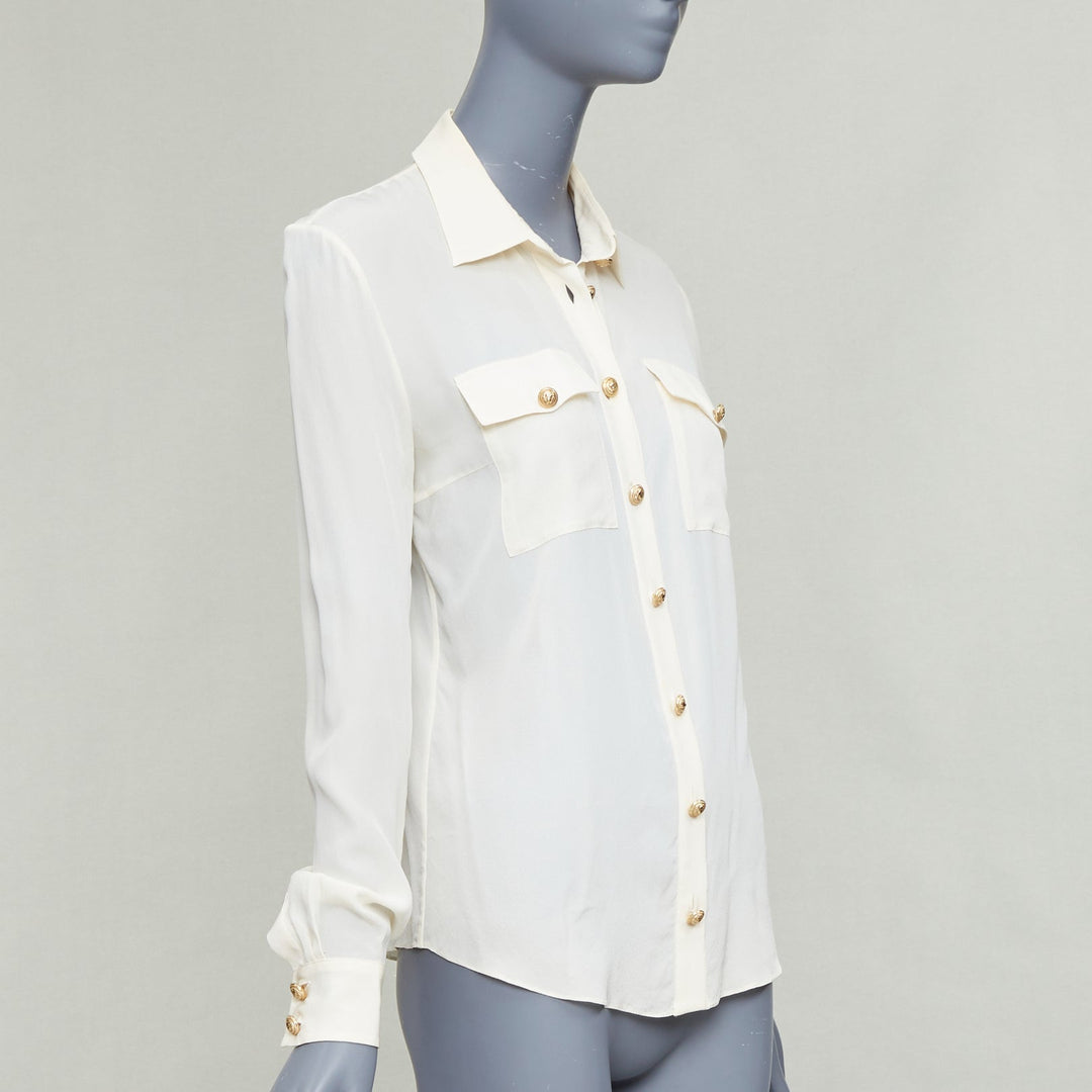 BALMAIN cream 100% silk gold buttons pocketed military blouse FR36 S