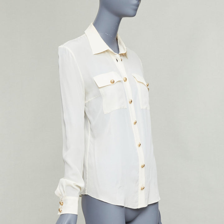 BALMAIN cream 100% silk gold buttons pocketed military blouse FR36 S