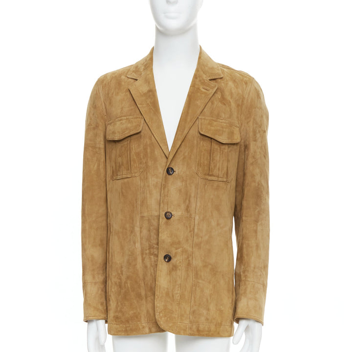DUNHILL brown genuine suede lambskin leather utility blazer jacket M