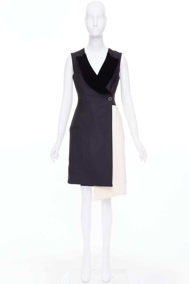 CHRISTIAN DIOR 2013 Raf Simons black white velvet lapels asymmetric dress FR36 S