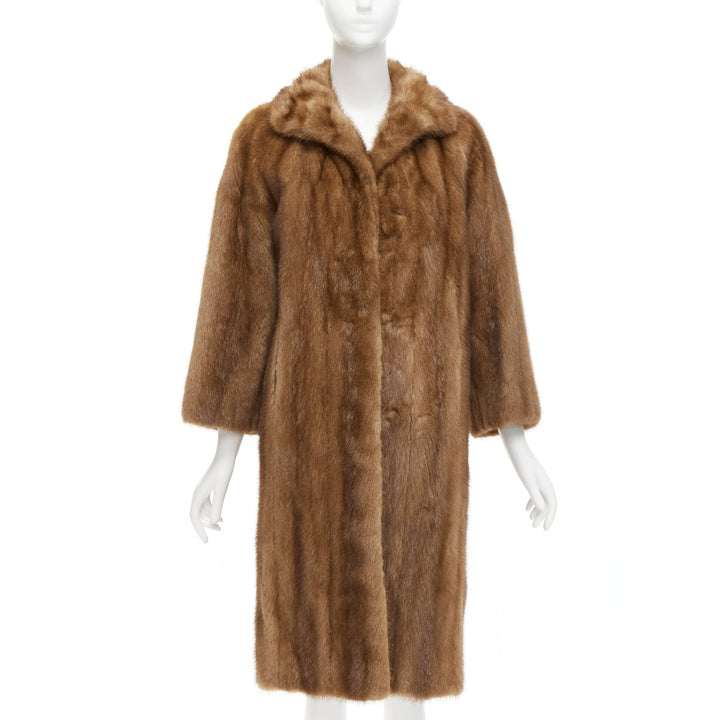 CHOMBERT brown genuine fur patched longline collared long sleeve coat