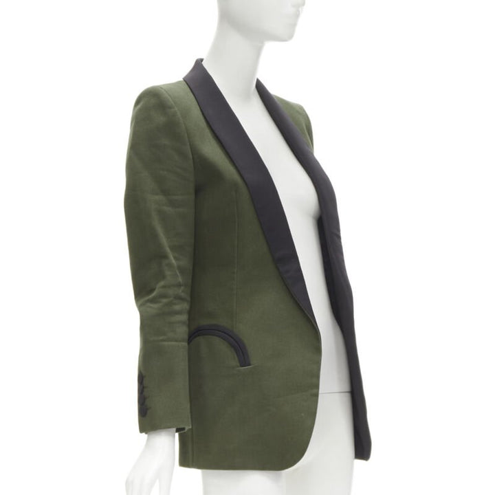 BLAZE MILANO Midnight Smoking khaki green cotton curved pocket shawl blazer S