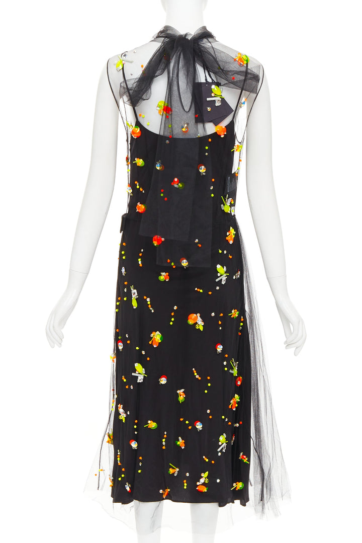 rare PRADA 2018 Runway Abito neon orange black tulle sporty logo dress IT42 M