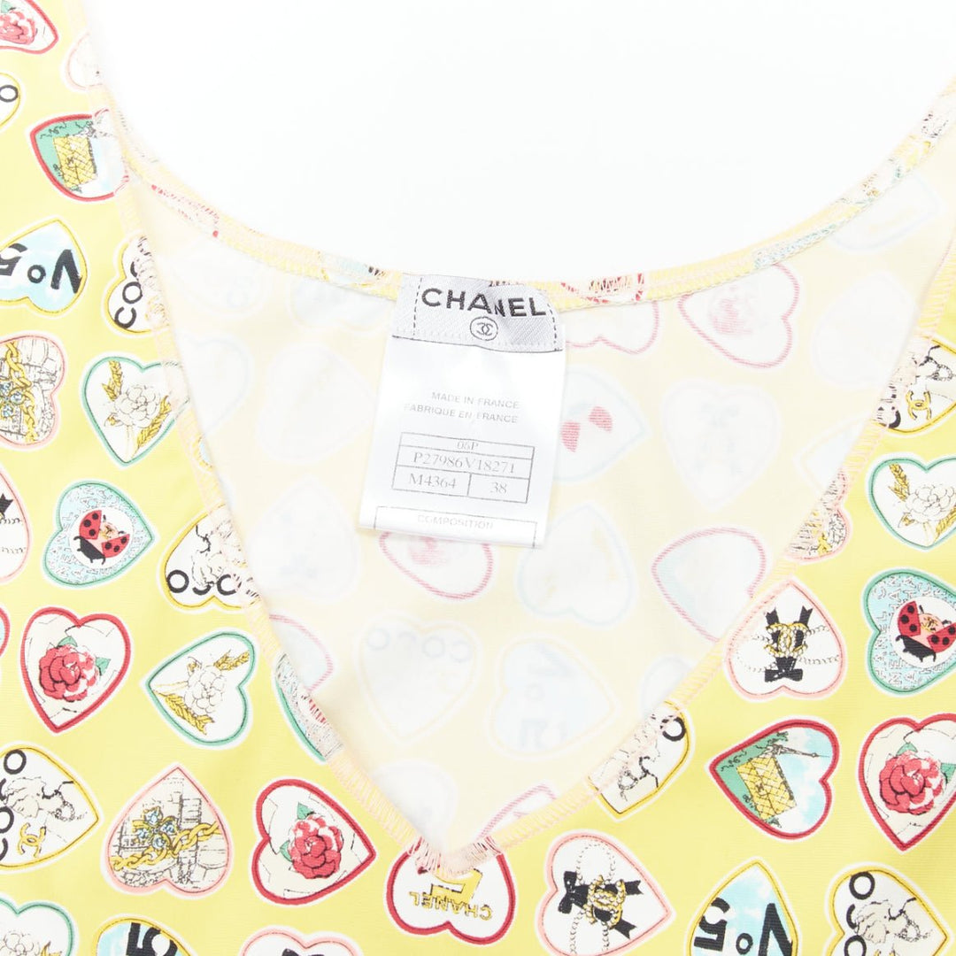 rare CHANEL 06P yellow Coco No 5 CC logo heart V neck mini shift dress FR38 M