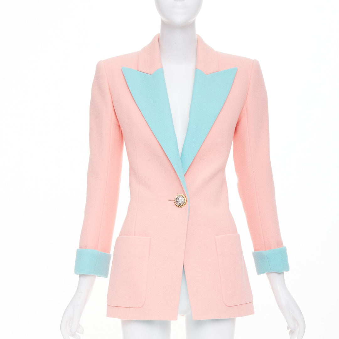 BALMAIN 2024 Runway pink blue wool crepe hourglass fitted Power blazer FR34 XS