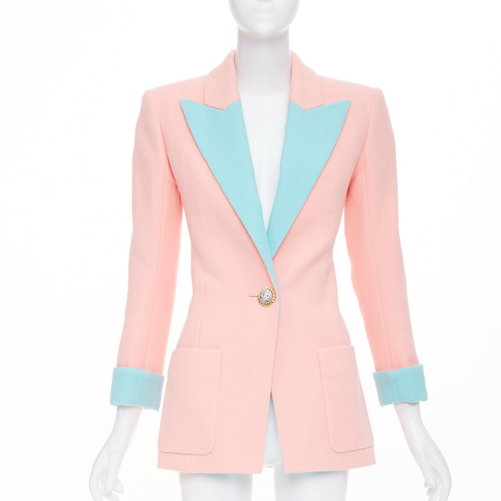 BALMAIN 2024 Runway pink blue wool crepe hourglass fitted Power blazer FR34 XS