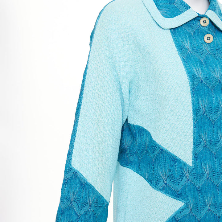 MISSONI Vintage blue patchwork knit pointelle boucle lace wool coat IT42 M