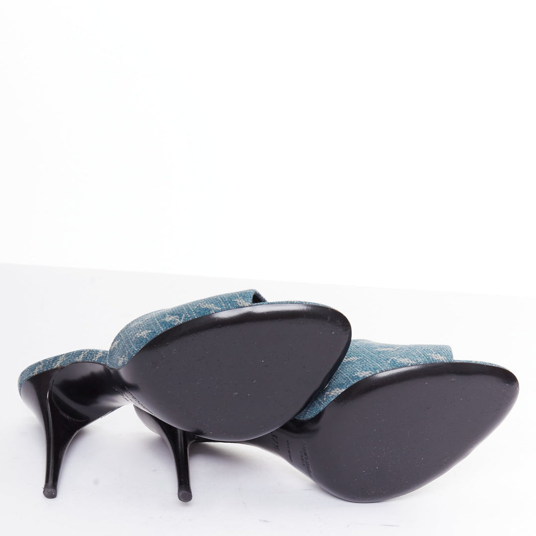 SAINT LAURENT La 16 Mules Cassandre Denim blue YSL monogram sandal heels EU37.5