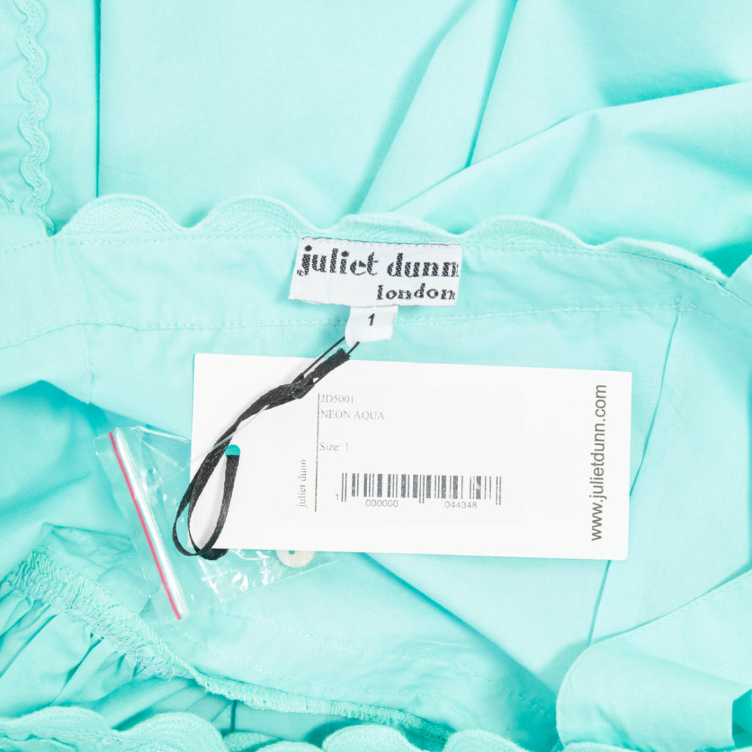 JULIET DUNN squiggle applique neon aqua cotton square neck sundress US1 XS
