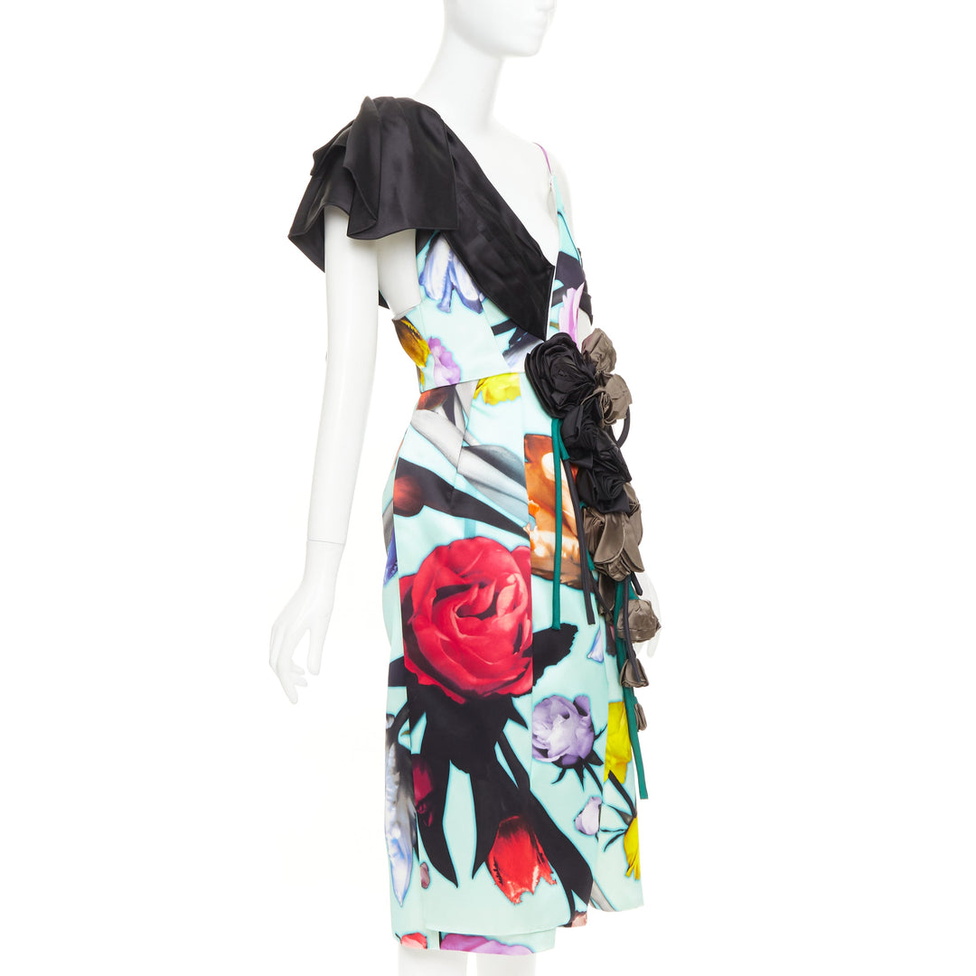 rare PRADA 2019 Runway Floral Print Cascade Rosette applique dress IT38 XS