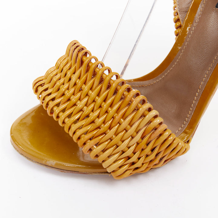 DOLCE GABBANA brown patent leather wicker weave high heel sandal heels EU37