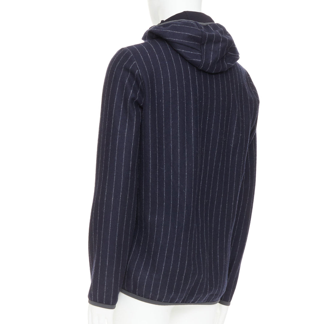 SEASE Drone Hood navy virgin wool cashmere pinstripe trimmed hoodie S