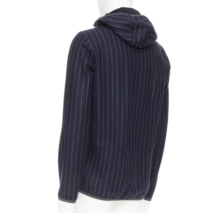 SEASE Drone Hood navy virgin wool cashmere pinstripe trimmed hoodie S