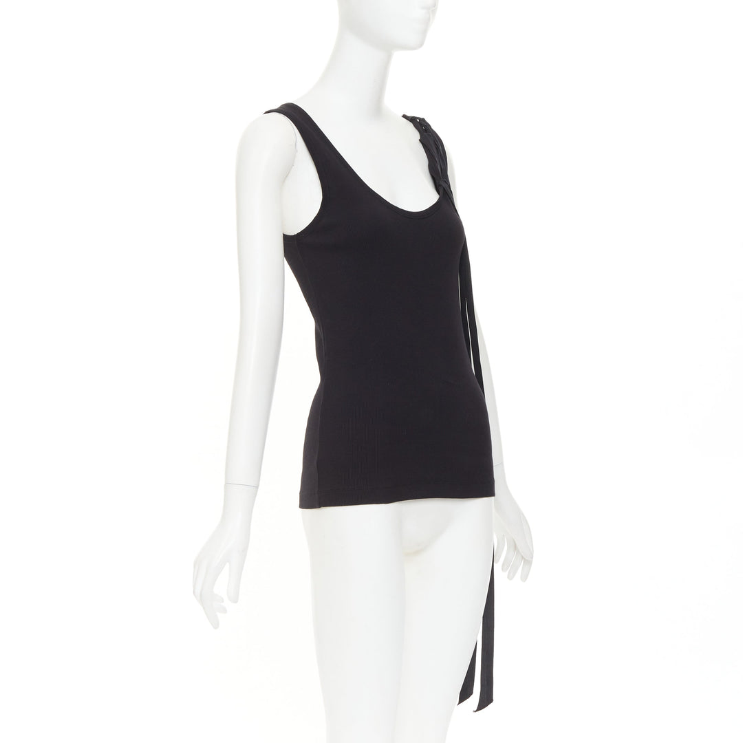 DRIES VAN NOTEN 2020 black ribbed cotton long ribbon shoulder tank top M