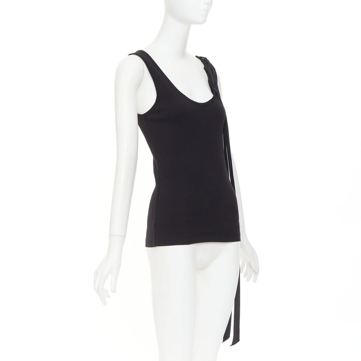 DRIES VAN NOTEN 2020 black ribbed cotton long ribbon shoulder tank top M