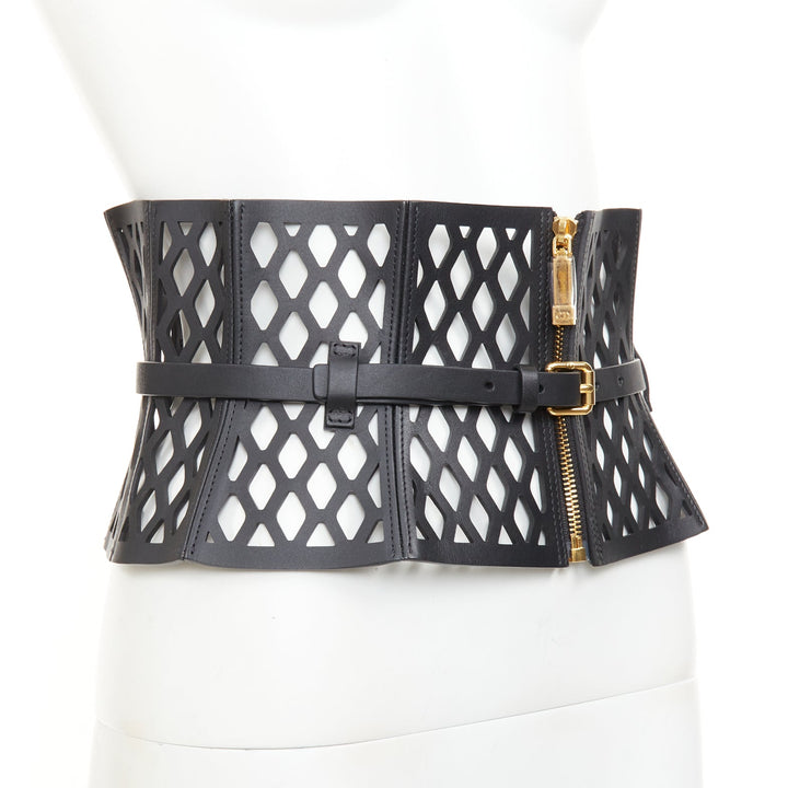 CHRISTIAN DIOR 2020 Runway D-Trap black laser cut fishnet leather corset belt M