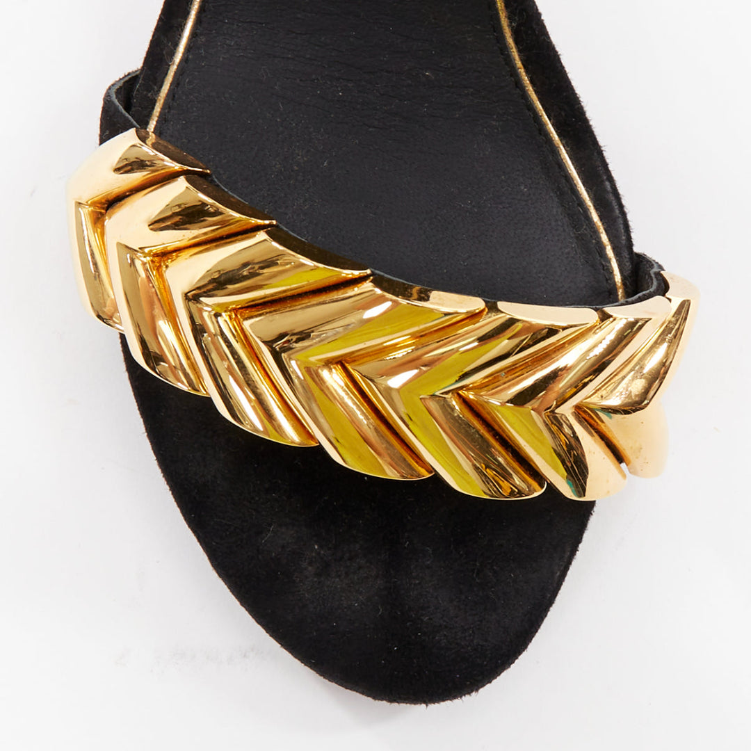 LOUIS VUITTON V Symphony black suede gold hardware high heel sandals EU38