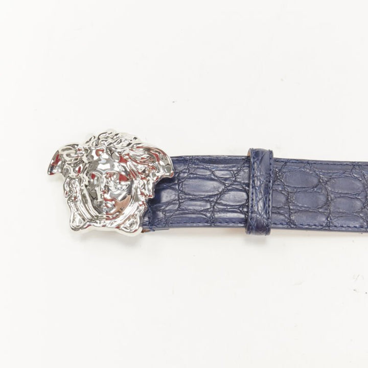 VERSACE $1200 La Medusa silver buckle blue scaled leather belt 115cm 44-48"