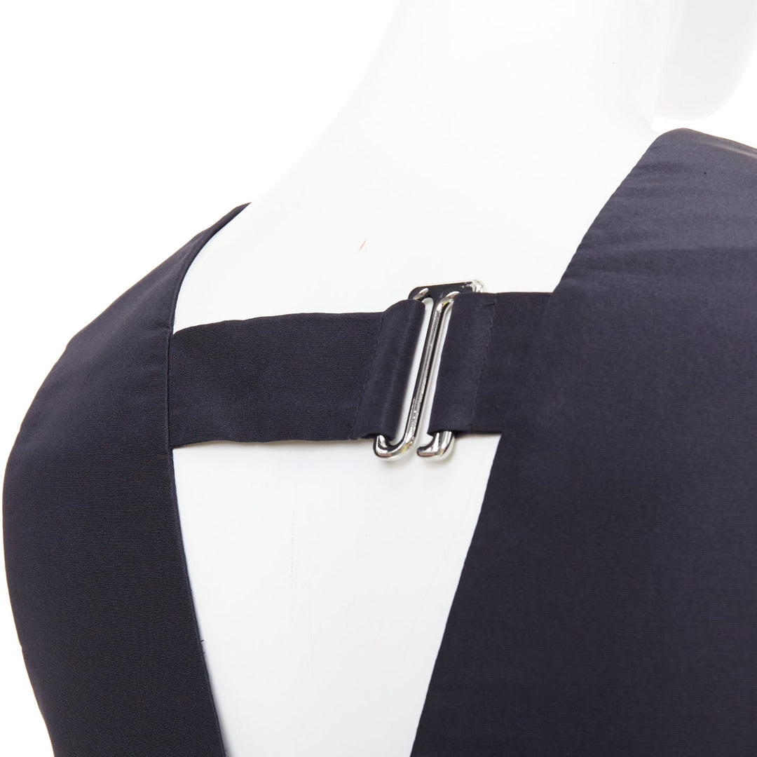 TIBI navy silk faille silver buckle strap back V neck crop top US0 XS