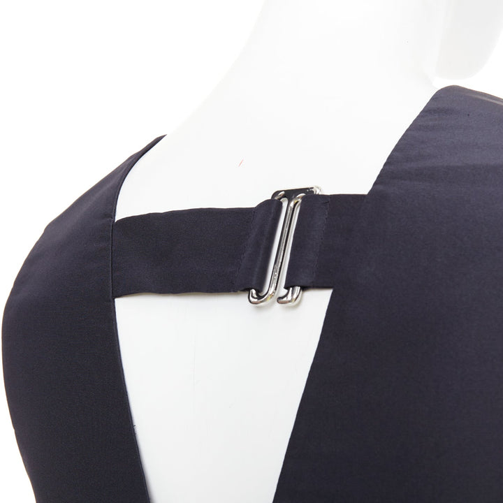TIBI navy silk faille silver buckle strap back V neck crop top US0 XS