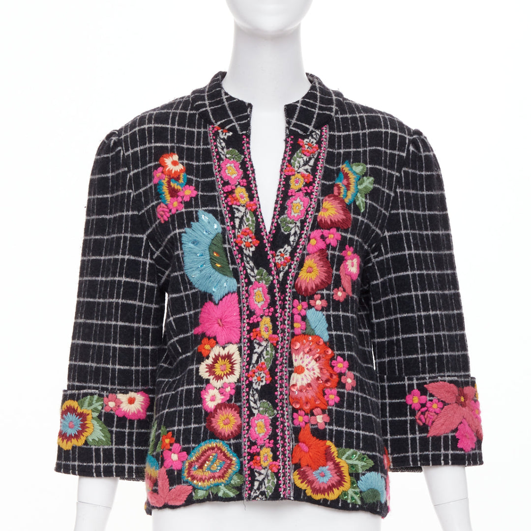 KENZO 2008 Vintage black white grid check wool floral embroidered jacket L