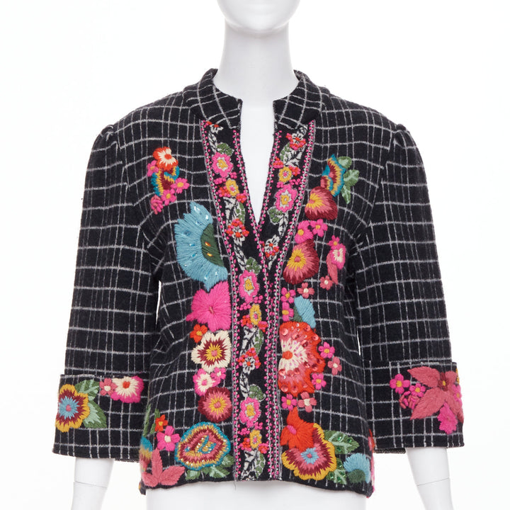 KENZO 2008 Vintage black white grid check wool floral embroidered jacket L