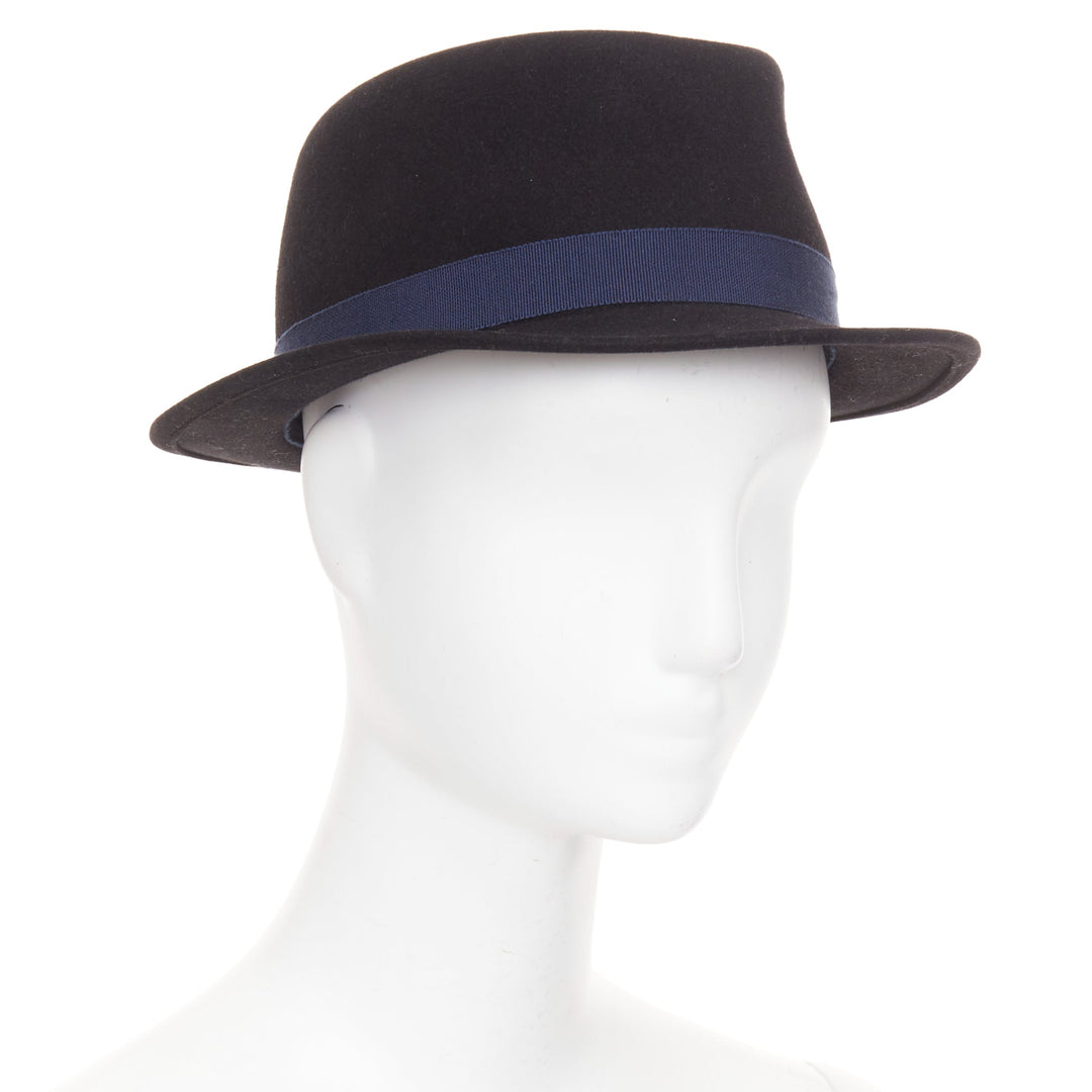 CHANEL 2011 black rabbit felt  navy ribbon trim CC logo fedora hat M