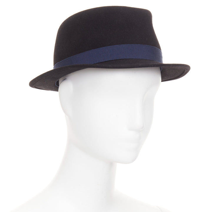 CHANEL 2011 black rabbit felt  navy ribbon trim CC logo fedora hat M