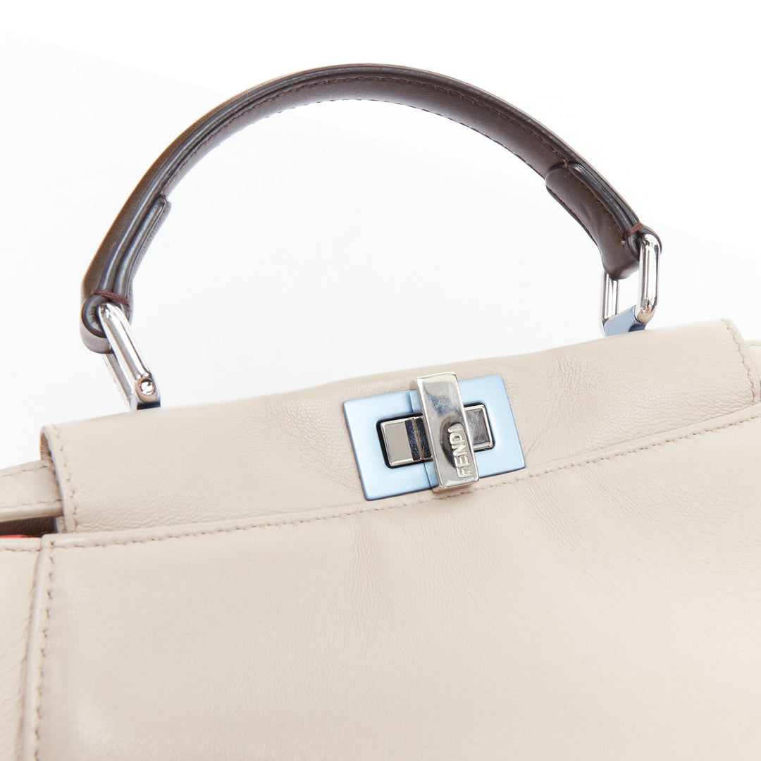 FENDI Peekaboo beige smooth leather blue steel details turnlock crossbody bag