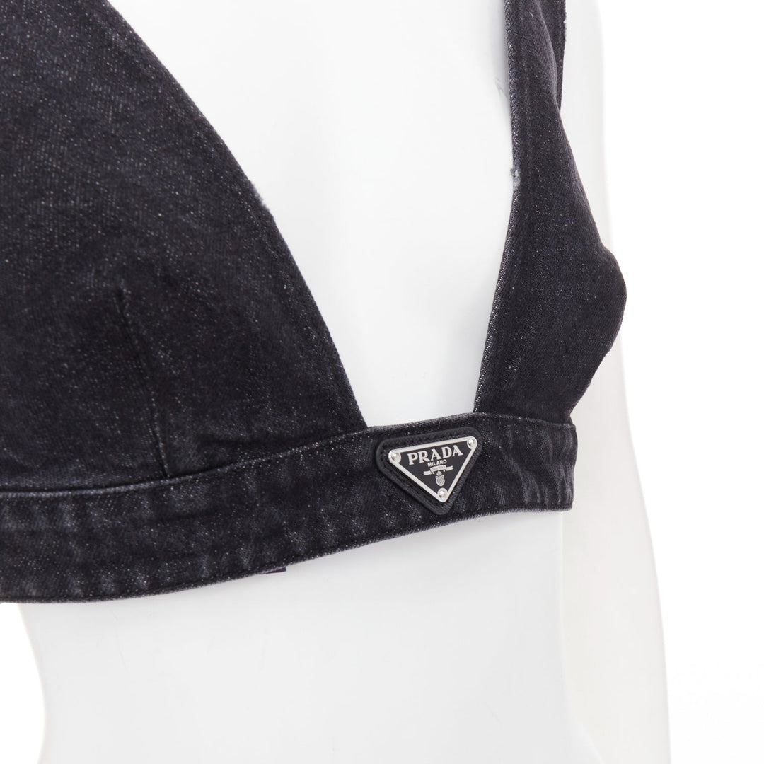 PRADA 2022 dark grey denim black triangle logo plaque bralette crop top IT40 S